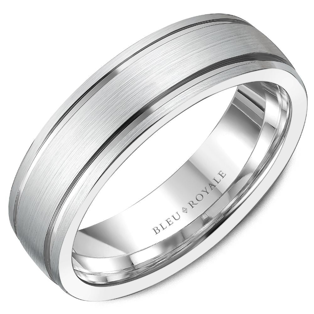 Bleu Royale Men's Wedding Band - 14K White Gold with Sandpaper Finish and High Polish Grooves - 6.5mm Width from the Legacy Collection