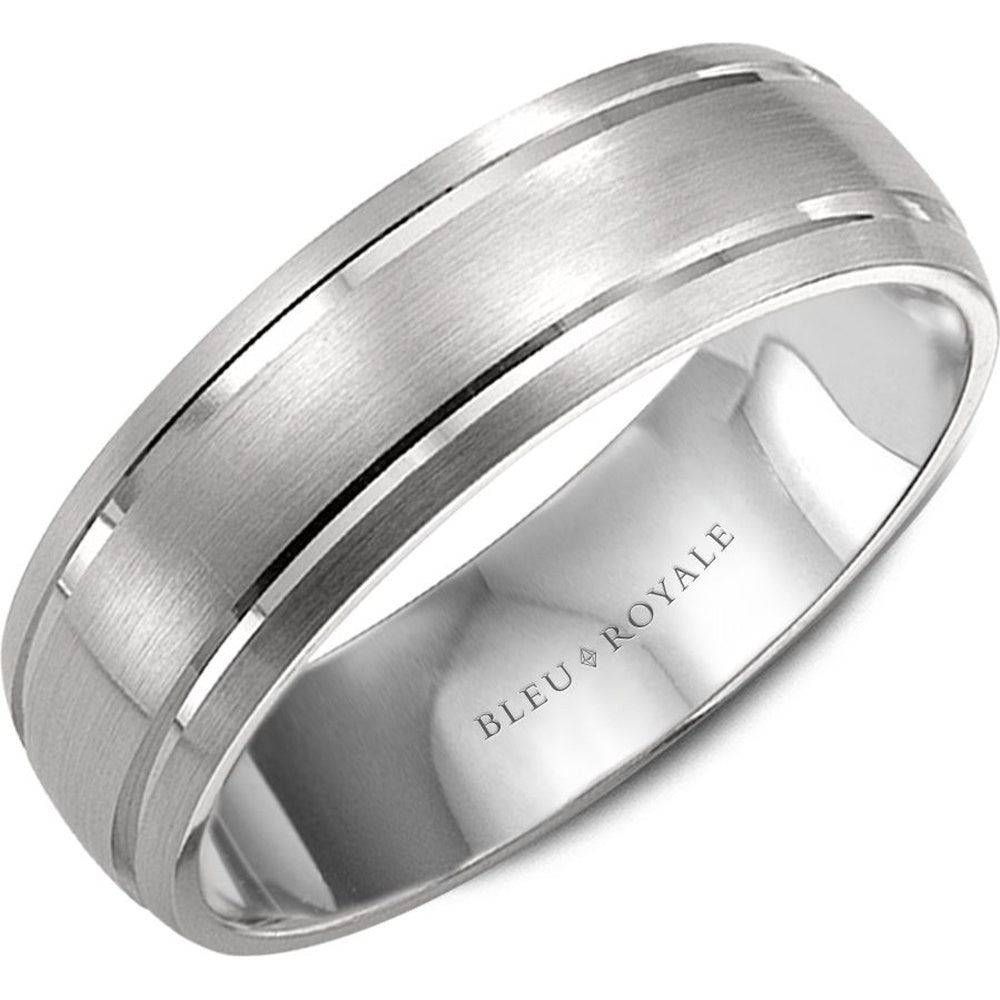 Bleu Royale Men's Wedding Band - 14K White Gold with Sandpaper Finish and High Polish Grooves - 6.5mm Width from the Legacy Collection