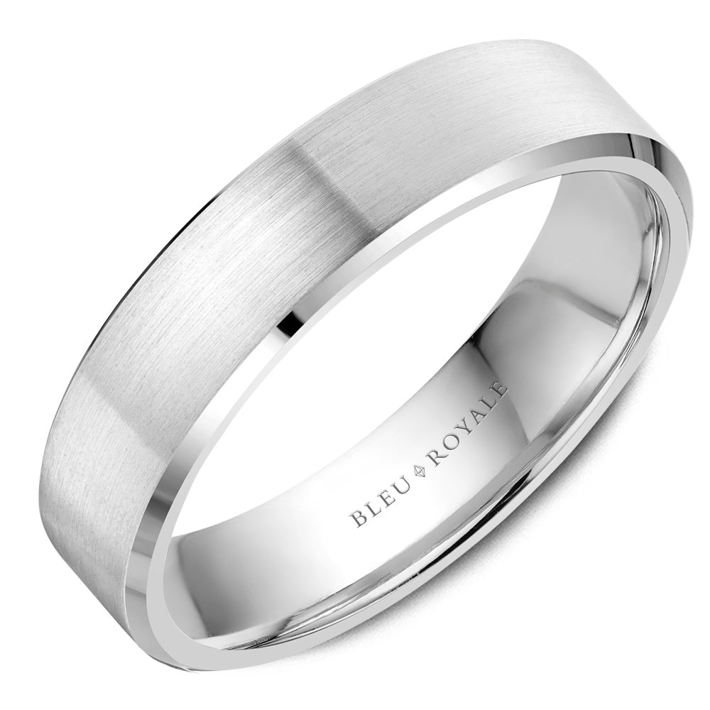 Bleu Royale Men's Wedding Band - 14K White Gold with Sandpaper Top and High Polish Bevel - 5.5mm Width from the Legacy Collection