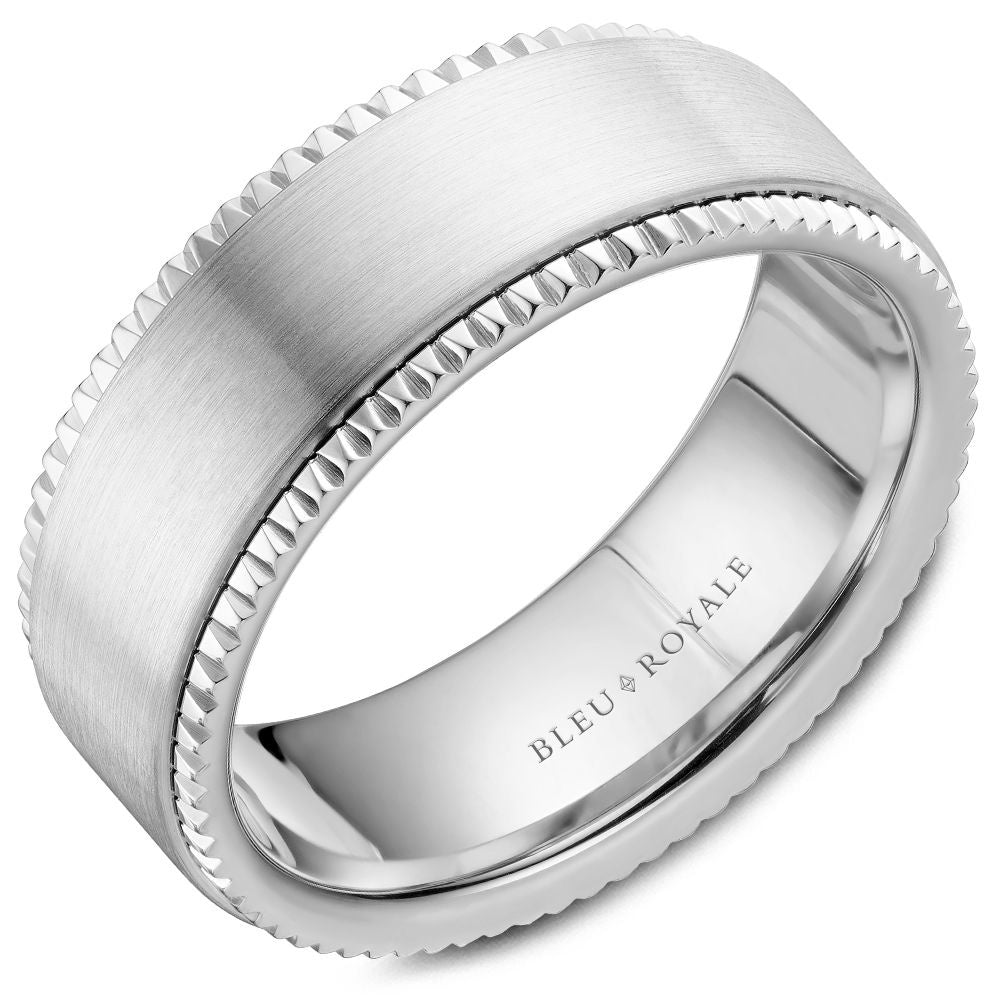 Bleu Royale Men's Wedding Band - 14K White Gold with Sandpaper Top and High Polish Coin Edge- Available in Multiple Metals and Sizes - 8mm Width from the Legacy Collection