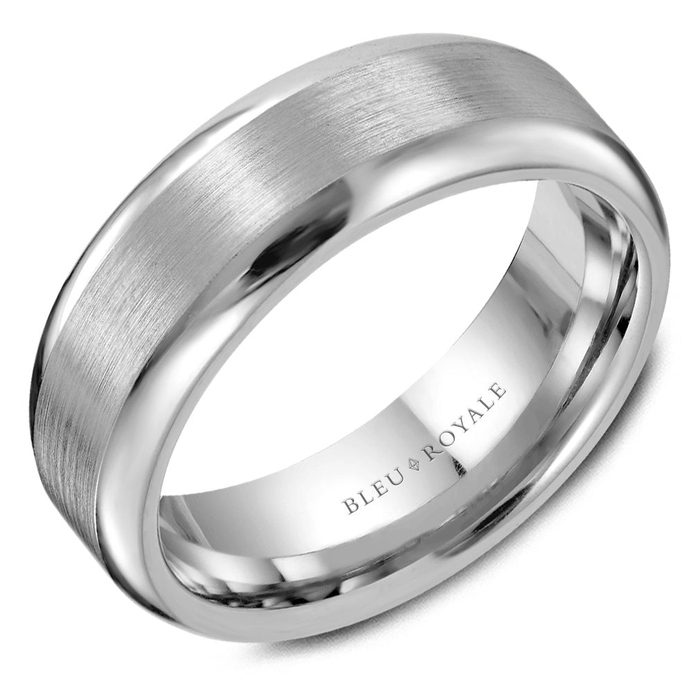 Bleu Royale Men's Wedding Band - 14K White Gold with Sandpaper Top and High Polish Edges - 7mm Width from the Legacy Collection
