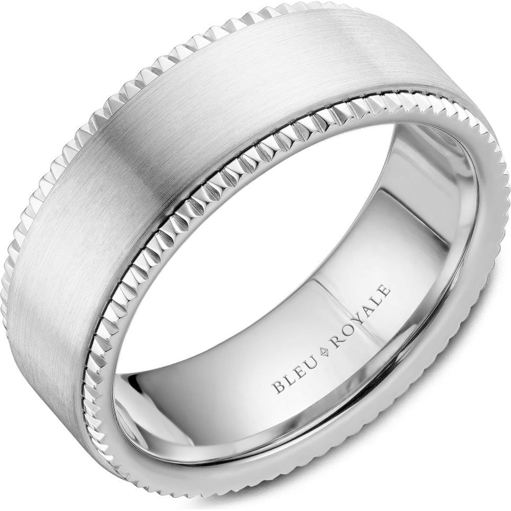 Bleu Royale Men's Wedding Band - 14K White Gold with Sandpaper Top and High Polish Grooved Edges - 8mm Width from the Legacy Collection
