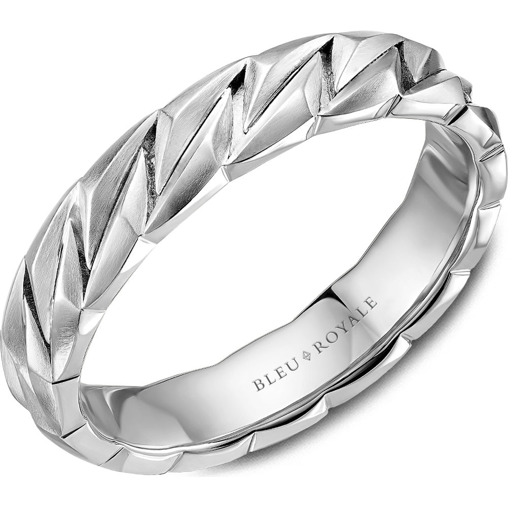 Bleu Royale Men's Wedding Band - 14K White Gold with Sandpaper Top and High Polish Interior - 5mm Width from the Geometric Collection