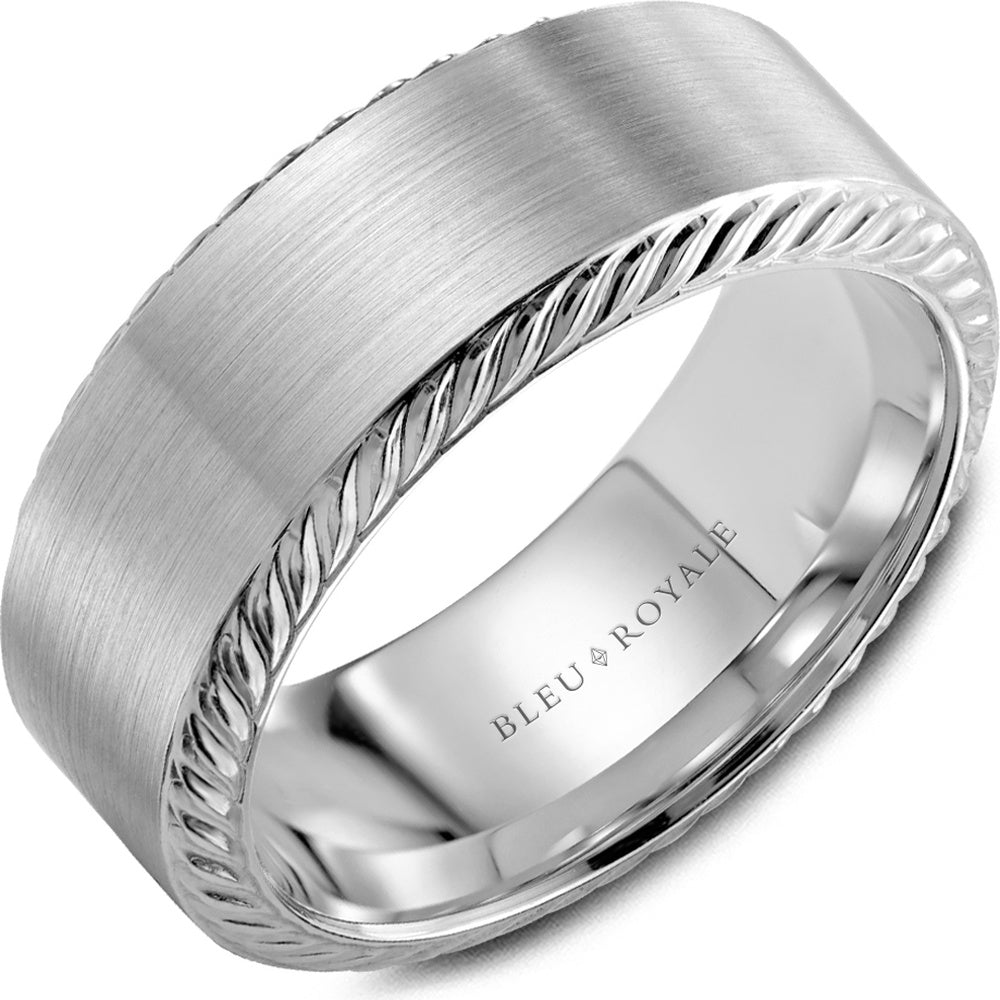 Bleu Royale Men's Wedding Band - 14K White Gold with Sandpaper Top and High Polish Rope Edge - 8.5mm Width from the Legacy Collection