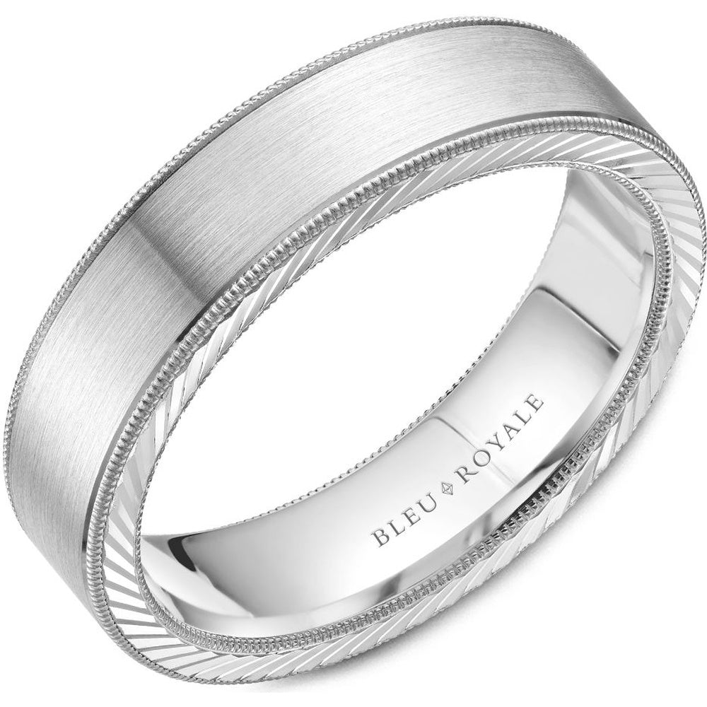 Bleu Royale Men's Wedding Band - 14K White Gold with Sandpaper Top and High Polish Rope Edges - 6mm Width from the Legacy Collection