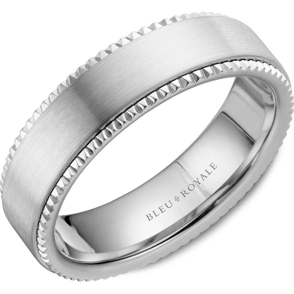 Bleu Royale Men's Wedding Band - 14K White Gold with Satin Finish and Textured Edge- Size 10 - 6mm Width from the Legacy Collection