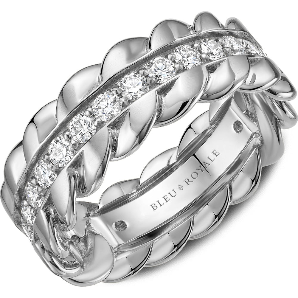 Bleu Royale Men's Wedding Band - 14K White Gold with Twisted Rope Motif and Channel Set Round Diamonds - 1.5 Carat Total Diamond Weight - 8mm Width from the Geometric Collection