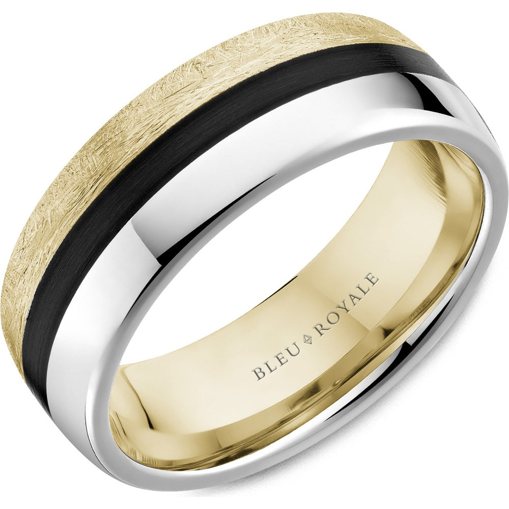 Bleu Royale Men's Wedding Band - 14K Yellow and White Gold with Black Ceramic Inlay and Sandpaper Texture - 7.5mm Width from the Distinct Collection