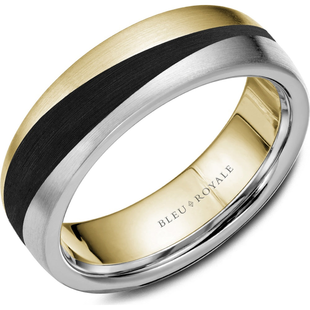 Bleu Royale Men's Wedding Band - 14K Yellow and White Gold with Black Enamel Diagonal Inlay and Brushed Finish - 7mm Width from the Distinct Collection