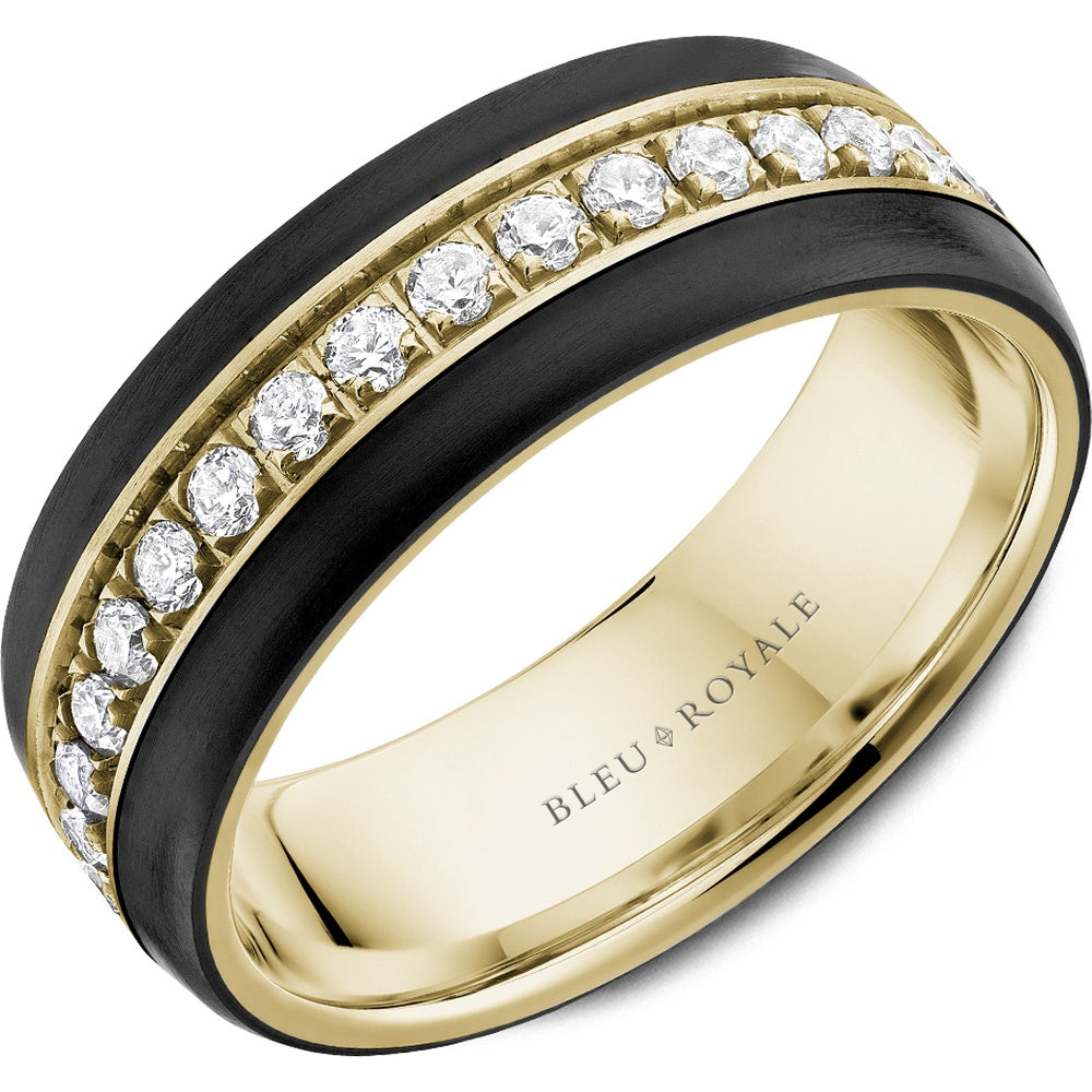 Bleu Royale Men's Wedding Band - 14K Yellow Gold and Black Ceramic with Full Eternity Round Diamonds - 0.98 Carat Total Diamond Weight - 7.5mm Width from the Diamond Collection