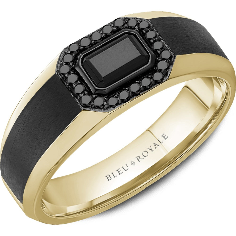 Bleu Royale Men's Wedding Band - 14K Yellow Gold & Black Enamel with Emerald Cut Black Center and Round Black Diamond Halo- 0.88 Carat Total Diamond Weight - 8mm Width from the Diamond Collection