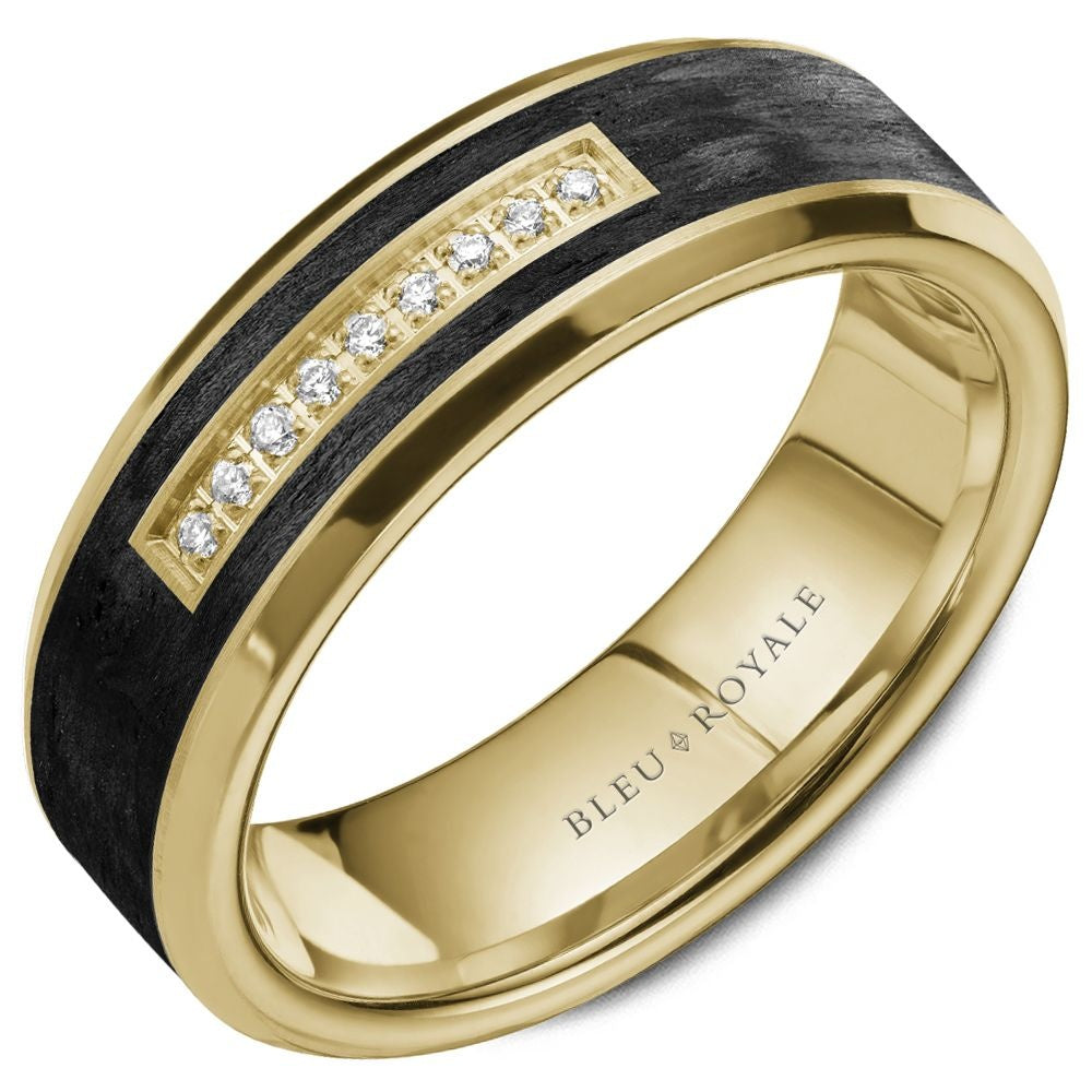 Bleu Royale Men's Wedding Band - 14K Yellow Gold & Forged Carbon Fiber with Channel-Set Round Diamonds - 0.05 Carat Total Diamond Weight - 7mm Width from the Diamond Collection