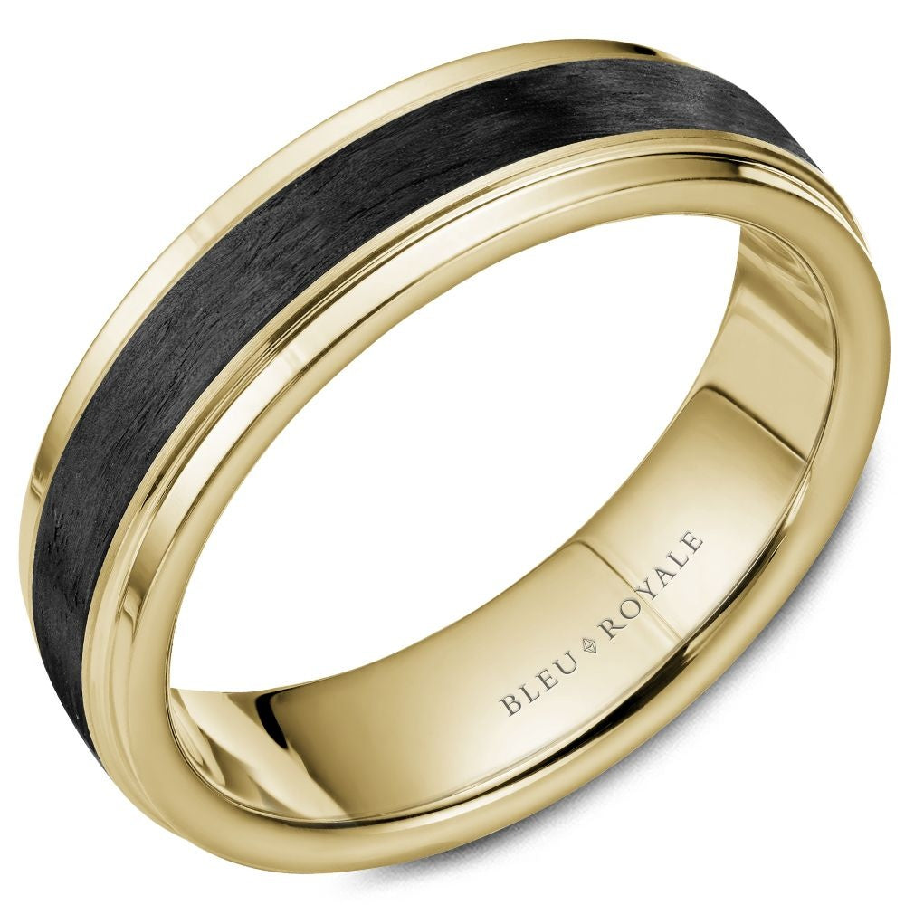 Bleu Royale Men's Wedding Band - 14K Yellow Gold & Forged Carbon Fiber with High Polish Edges - 6mm Width from the Distinct Collection