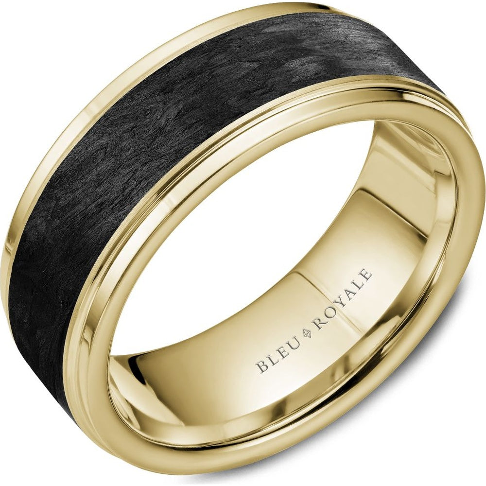 Bleu Royale Men's Wedding Band - 14K Yellow Gold & Forged Carbon Fiber with High Polish Edges - 8.5mm Width from the Distinct Collection