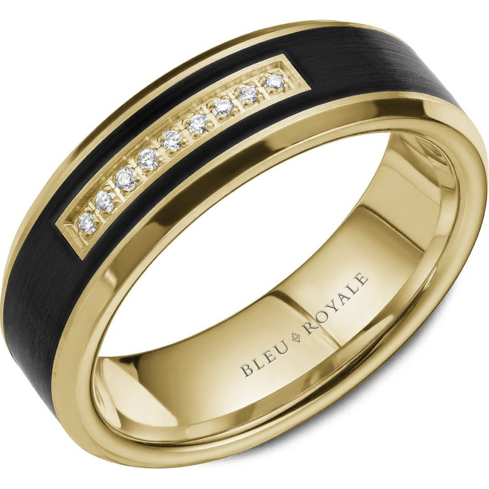 Bleu Royale Men's Wedding Band - 14K Yellow Gold & Forged Carbon Fiber with Round Diamond Accents- 0.05 Carat Total Diamond Weight - 7mm Width from the Diamond Collection