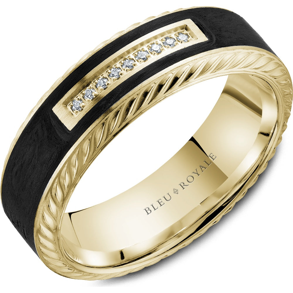 Bleu Royale Men's Wedding Band - 14K Yellow Gold & Forged Carbon Fiber with Round Diamond Channel Set- 0.05 Carat Total Diamond Weight - 7mm Width from the Diamond Collection