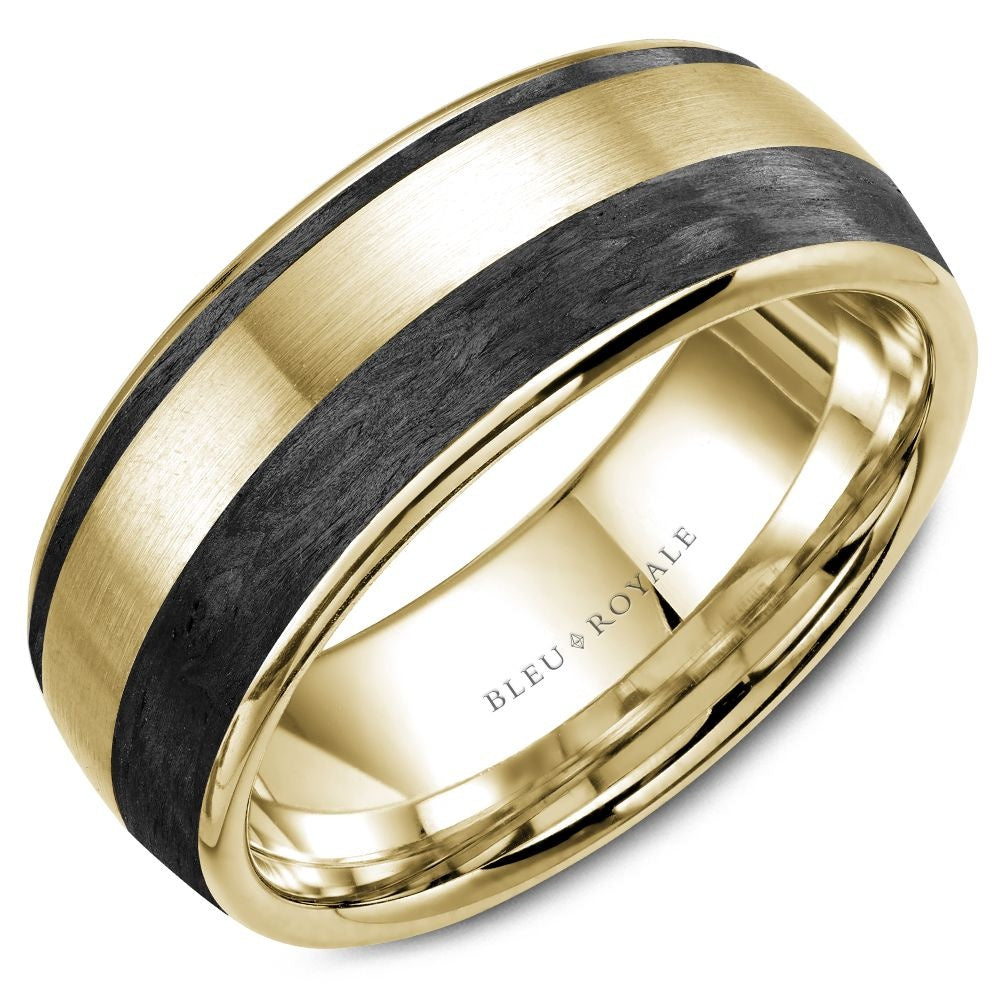 Bleu Royale Men's Wedding Band - 14K Yellow Gold & Forged Carbon Fiber with Sandpaper Finish and High Polish Edges - 8.5mm Width from the Distinct Collection