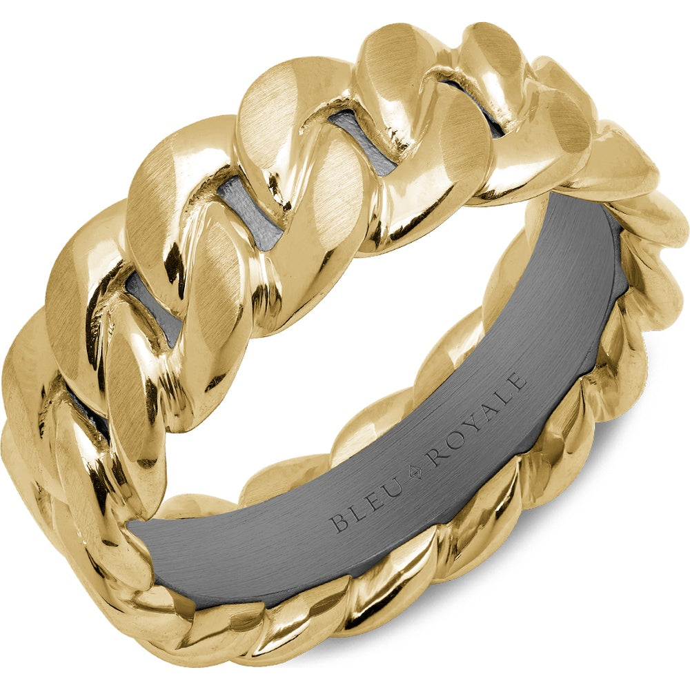 Bleu Royale Men's Wedding Band - 14K Yellow Gold and Tantalum Geometric Link with High Polish and Sandpaper Finish - 8mm Width from the Geometric Collection