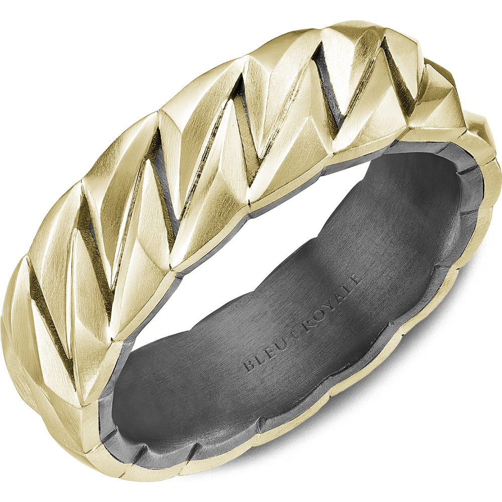 Bleu Royale Men's Wedding Band - 14K Yellow Gold and Tantalum Geometric with Chevron Pattern - 7mm Width from the Geometric Collection