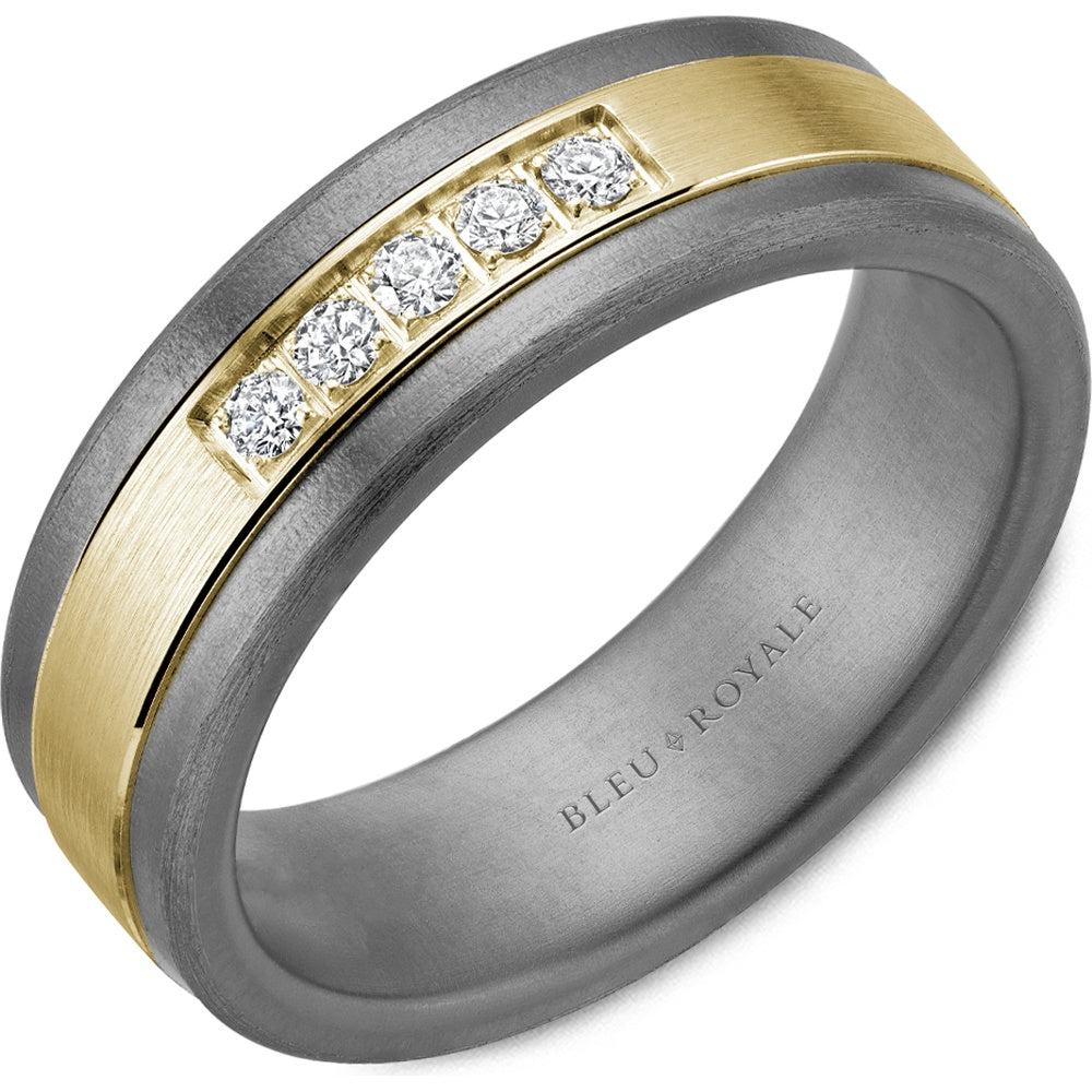 Bleu Royale Men's Wedding Band - 14K Yellow Gold and Tantalum with 5 Round Diamonds and Sandpaper Finish- 0.14 Carat Total Diamond Weight - 7mm Width from the Tantalum & Precious Metal Collection