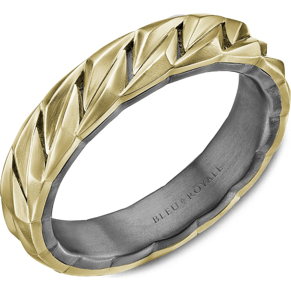 Bleu Royale Men's Wedding Band - 14K Yellow Gold and Tantalum with Carved Chevron Motif,- Size 10 - 5mm Width from the Geometric Collection