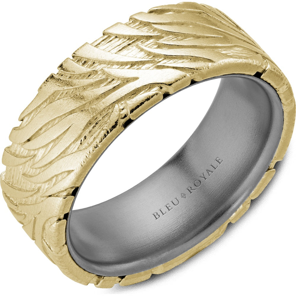 Bleu Royale Men's Wedding Band - 14K Yellow Gold and Tantalum with Carved Feather Motif,, Frosted Top Finish - 8mm Width from the Tantalum & Precious Metal Collection