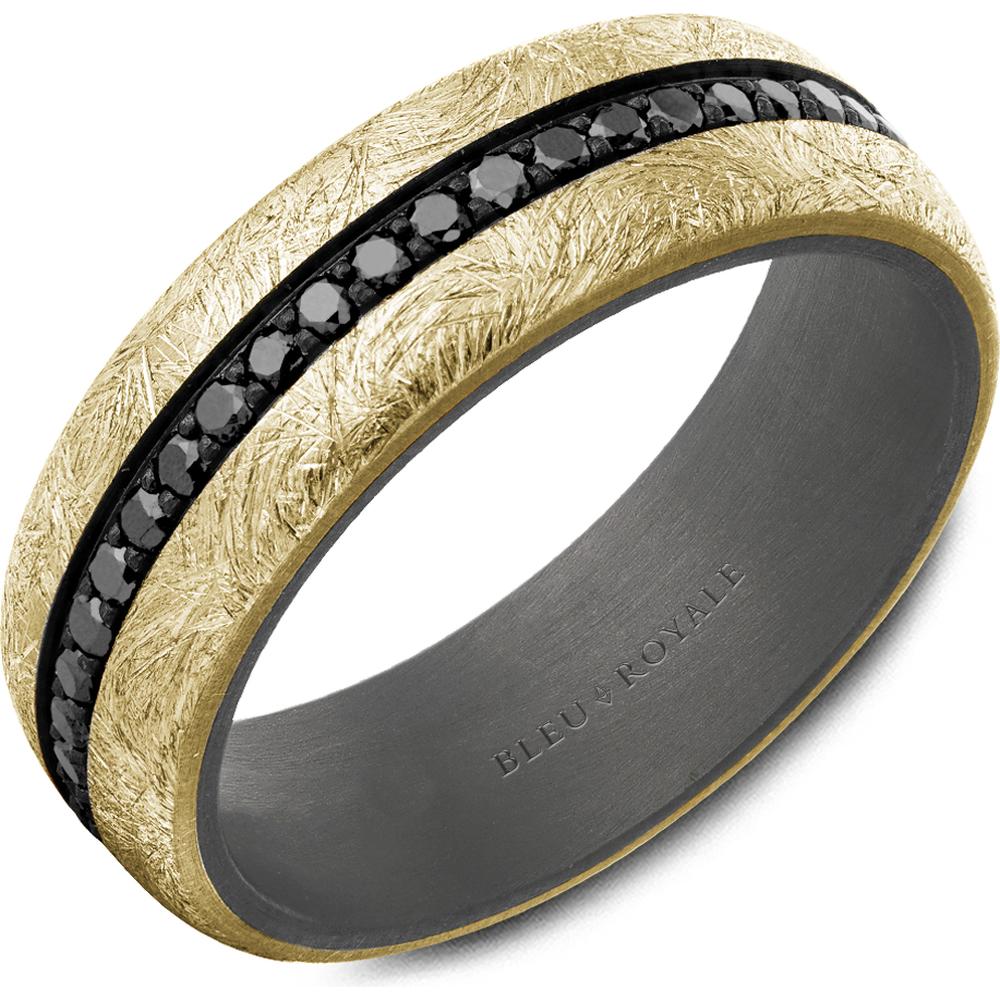 Bleu Royale Men's Wedding Band - 14K Yellow Gold and Tantalum with Channel-Set Round Black Diamonds and Diamond-Brushed Finish- 0.74 Carat Total Diamond Weight - 7mm Width from the Tantalum & Precious Metal Collection