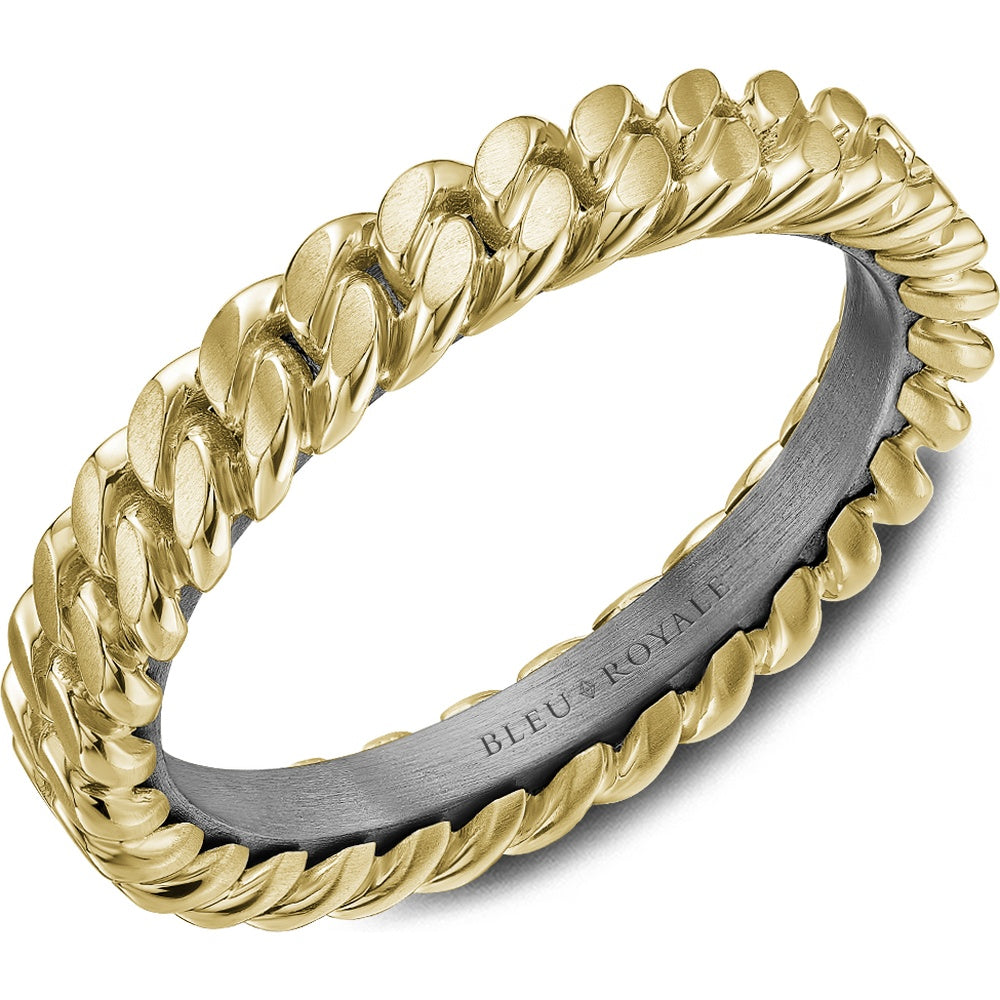 Bleu Royale Men's Wedding Band - 14K Yellow Gold and Tantalum with Cuban Chain Link Motif and Sandpaper Finish - 4mm Width from the Geometric Collection