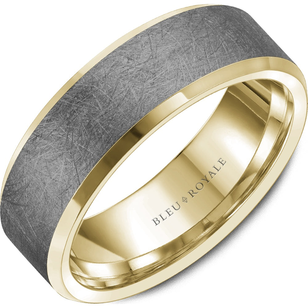 Bleu Royale Men's Wedding Band - 14K Yellow Gold and Tantalum with Diamond Brush Center and High Polish Sides - 7.5mm Width from the Tantalum & Precious Metal Collection