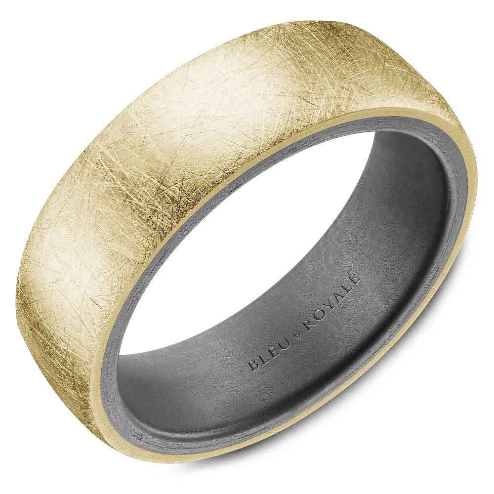 Bleu Royale Men's Wedding Band - 14K Yellow Gold and Tantalum with Diamond Brushed Finish and Sandpaper Interior - 7mm Width from the Tantalum & Precious Metal Collection