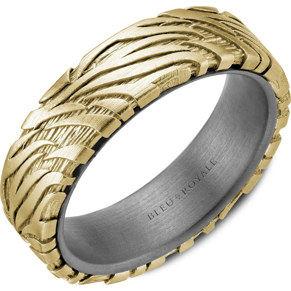 Bleu Royale Men's Wedding Band - 14K Yellow Gold and Tantalum with Feathered Texture and Frosted Finish - 6mm Width from the Tantalum & Precious Metal Collection