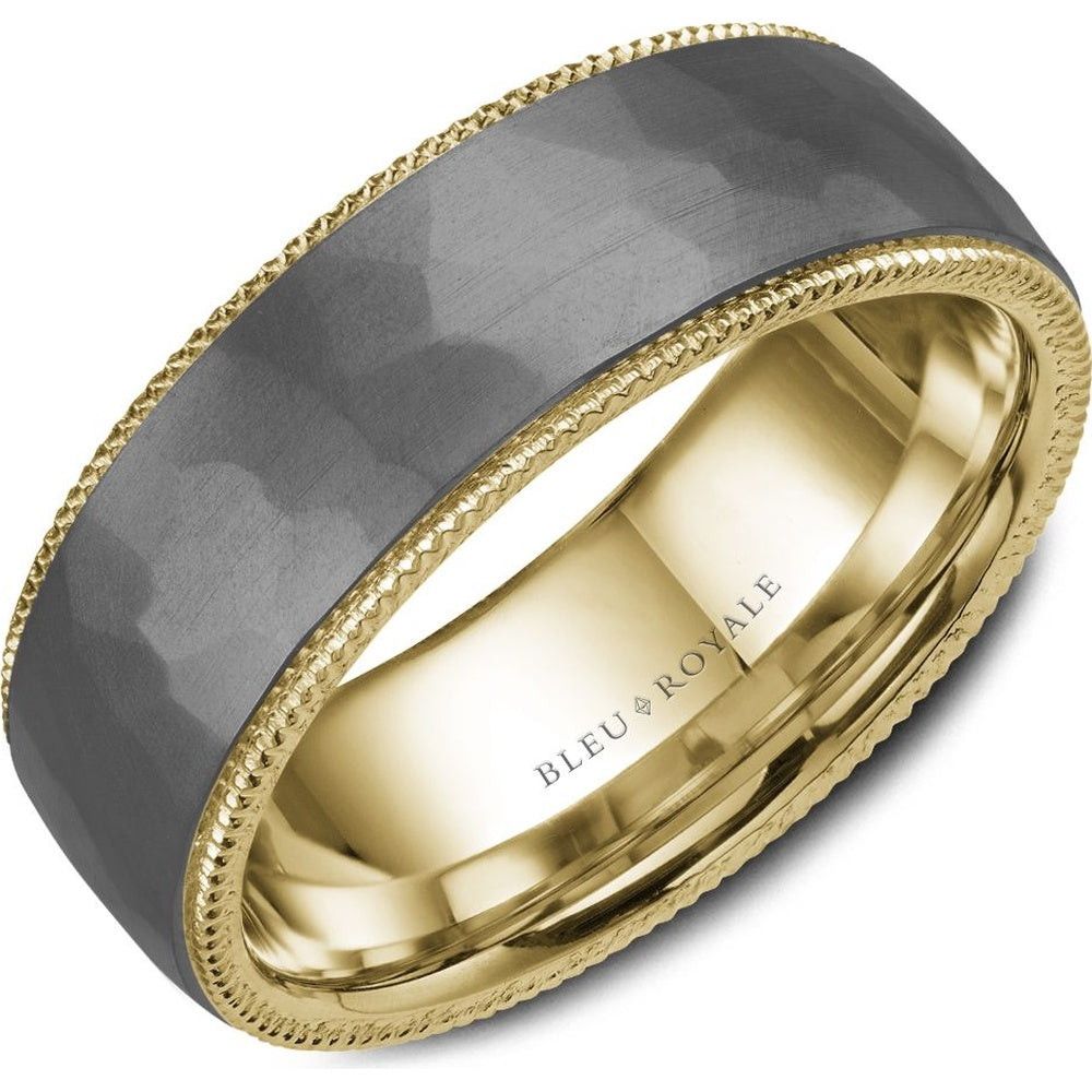 Bleu Royale Men's Wedding Band - 14K Yellow Gold and Tantalum with Hammered Finish and Milgrain Edges - 7.5mm Width from the Tantalum & Precious Metal Collection