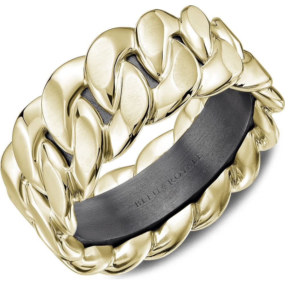 Bleu Royale Men's Wedding Band - 14K Yellow Gold and Tantalum with High Polish Curb Links and Sandpaper Finish - 10mm Width from the Geometric Collection
