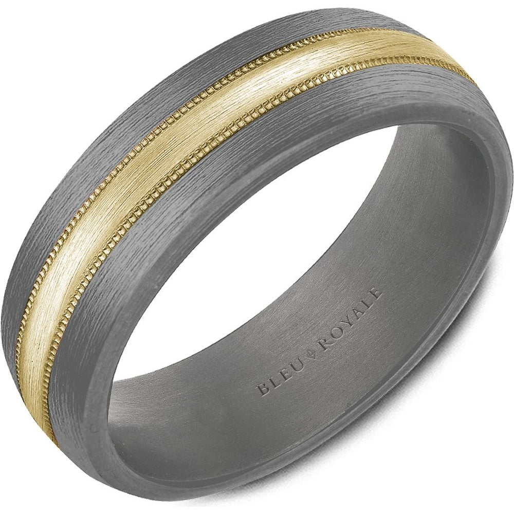 Bleu Royale Men's Wedding Band - 14K Yellow Gold and Tantalum with Milgrain Edges and Sandpaper Finish - 7mm Width from the Tantalum & Precious Metal Collection