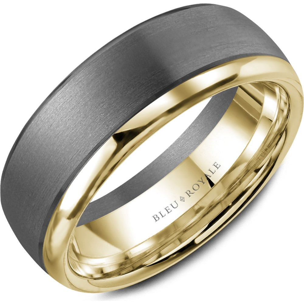 Bleu Royale Men's Wedding Band - 14K Yellow Gold and Tantalum with Sandpaper Center and High Polish Edges - 7.5mm Width from the Tantalum & Precious Metal Collection