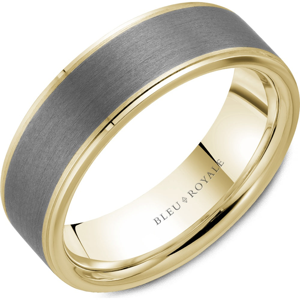 Bleu Royale Men's Wedding Band - 14K Yellow Gold and Tantalum with Sandpaper Center and High Polish Edges - 7mm Width from the Tantalum & Precious Metal Collection