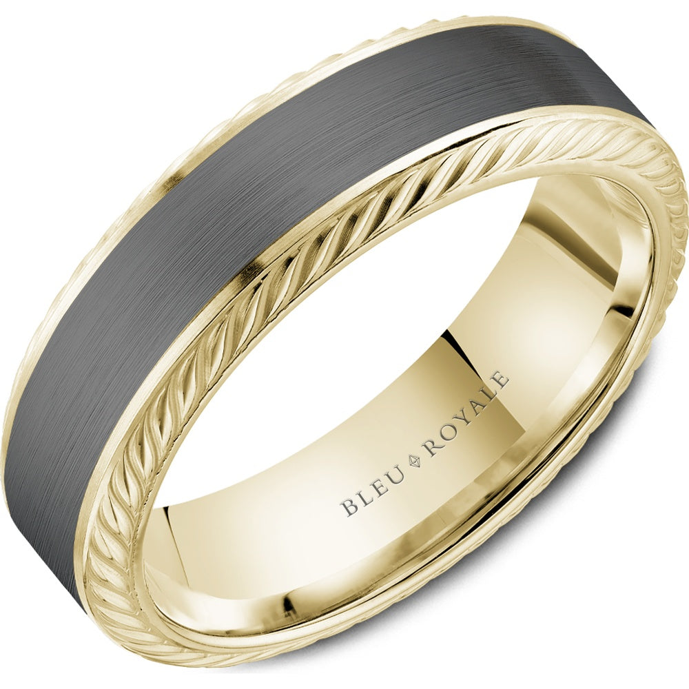 Bleu Royale Men's Wedding Band - 14K Yellow Gold and Tantalum with Sandpaper Center and High Polish Rope Edge - 6.5mm Width from the Tantalum & Precious Metal Collection