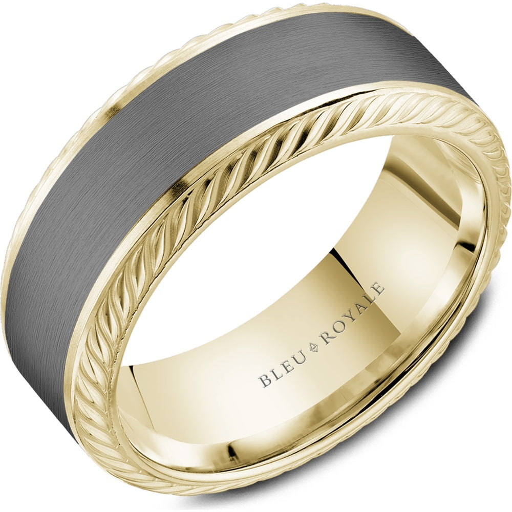 Bleu Royale Men's Wedding Band - 14K Yellow Gold and Tantalum with Sandpaper Center and High Polish Rope Edges - 8.5mm Width from the Tantalum & Precious Metal Collection