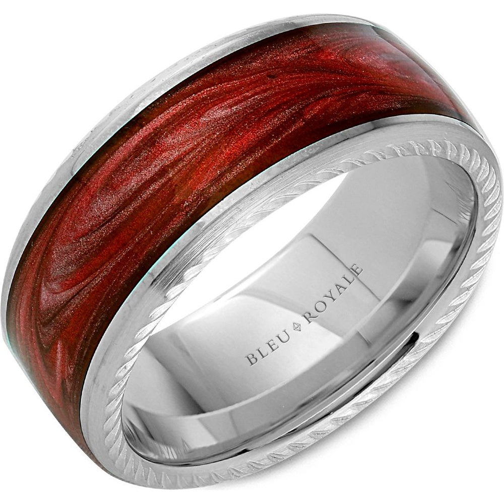 Bleu Royale Men's Wedding Band - 14K Yellow Gold B and with H and-Painted Cardinal Red Enamel Inlay and Frosted Rope Sides - 9.5mm Width from the Distinct Collection