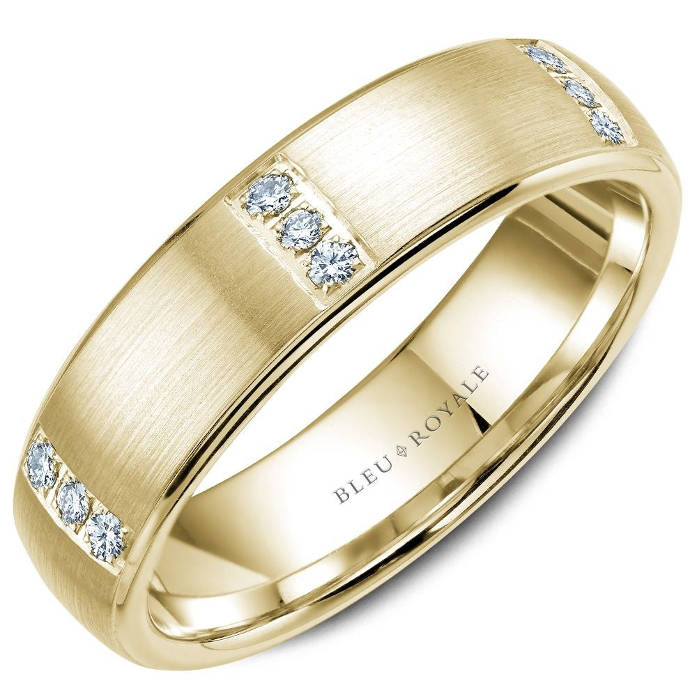 Bleu Royale Men's Wedding Band - 14K Yellow Gold Brushed with Flush-Set Round Diamonds - 0.16 Carat Total Diamond Weight - 6mm Width from the Diamond Collection