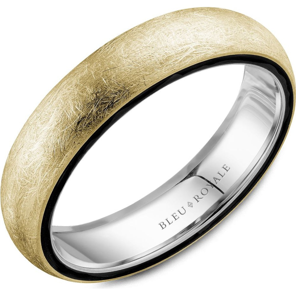 Bleu Royale Men's Wedding Band - 14K Yellow Gold Diamond Brush Finish with Black Edge Detail- Size 10 - 5mm Width from the Distinct Collection