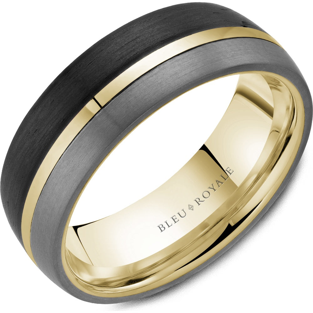 Bleu Royale Men's Wedding Band - 14K Yellow Gold, Forged Carbon Fiber, and Tantalum with High Polish Center and Sandpaper Edges - 7.5mm Width from the Tantalum & Precious Metal Collection