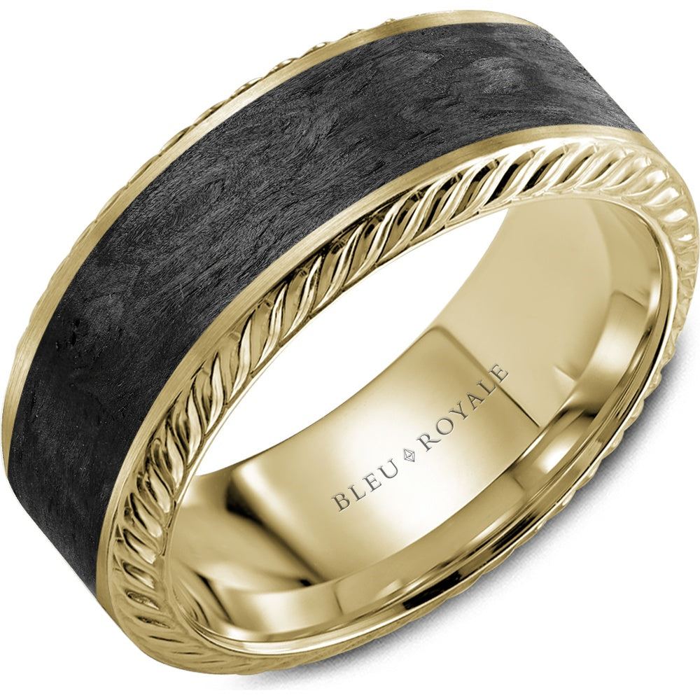 Bleu Royale Men's Wedding Band - 14K Yellow Gold Forged Carbon Fiber B and with Rope Edge Detail - 7.5mm Width from the Distinct Collection