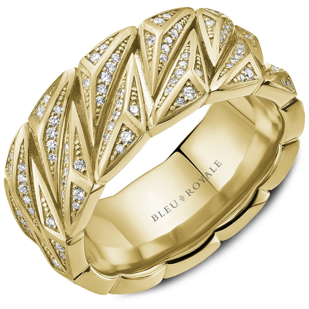 Bleu Royale Men's Wedding Band - 14K Yellow Gold Geometric Chevron with Pavé Round Diamonds - 0.74 Carat Total Diamond Weight - 10mm Width from the Geometric Collection