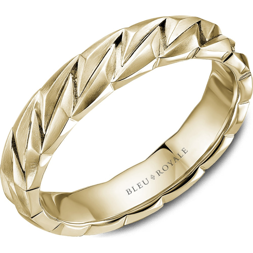 Bleu Royale Men's Wedding Band - 14K Yellow Gold Geometric with Sandpaper Finish and High Polish Interior - 5mm Width from the Geometric Collection