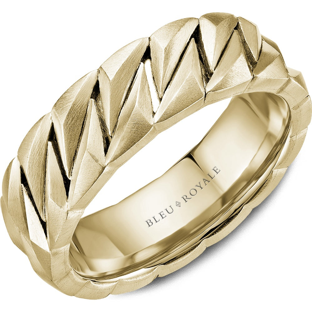 Bleu Royale Men's Wedding Band - 14K Yellow Gold Geometric with Sandpaper Finish and High Polish Interior - 7mm Width from the Geometric Collection
