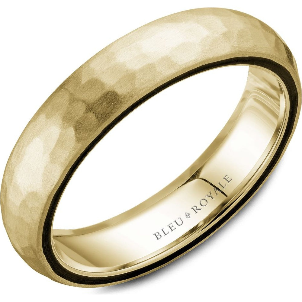 Bleu Royale Men's Wedding Band - 14K Yellow Gold Hammered with Dark Enamel Inlay - 5mm Width from the Distinct Collection