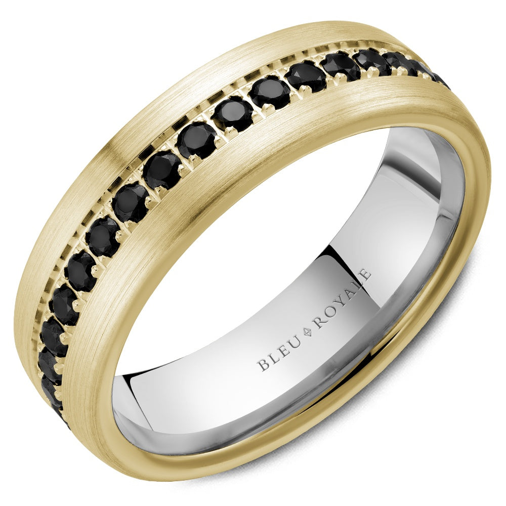 Bleu Royale Men's Wedding Band - 14K Yellow Gold Two-Tone with Channel Set Black Round Diamonds - 1.008 Carat Total Diamond Weight - 6.5mm Width from the Diamond Collection