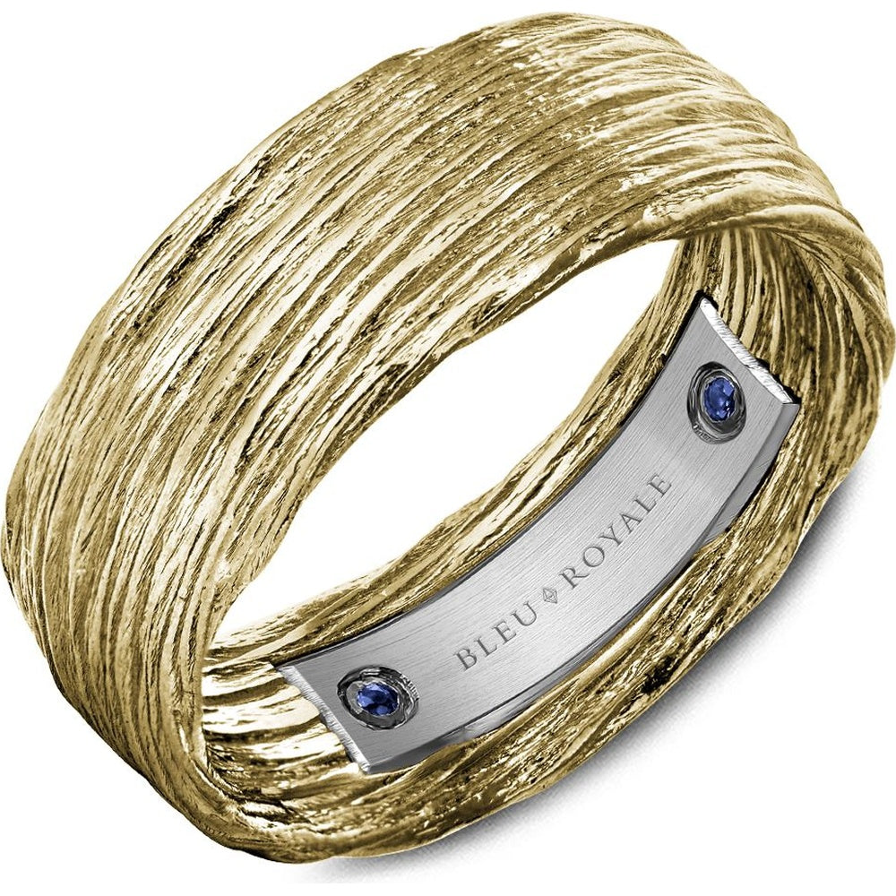 Bleu Royale Men's Wedding Band - 14K Yellow Gold Wire Pattern with White Interior Plate and Bezel Set Blue Sapphires- 0.04 Carat Total Sapphire Weight - 8mm Width from the Distinct Collection