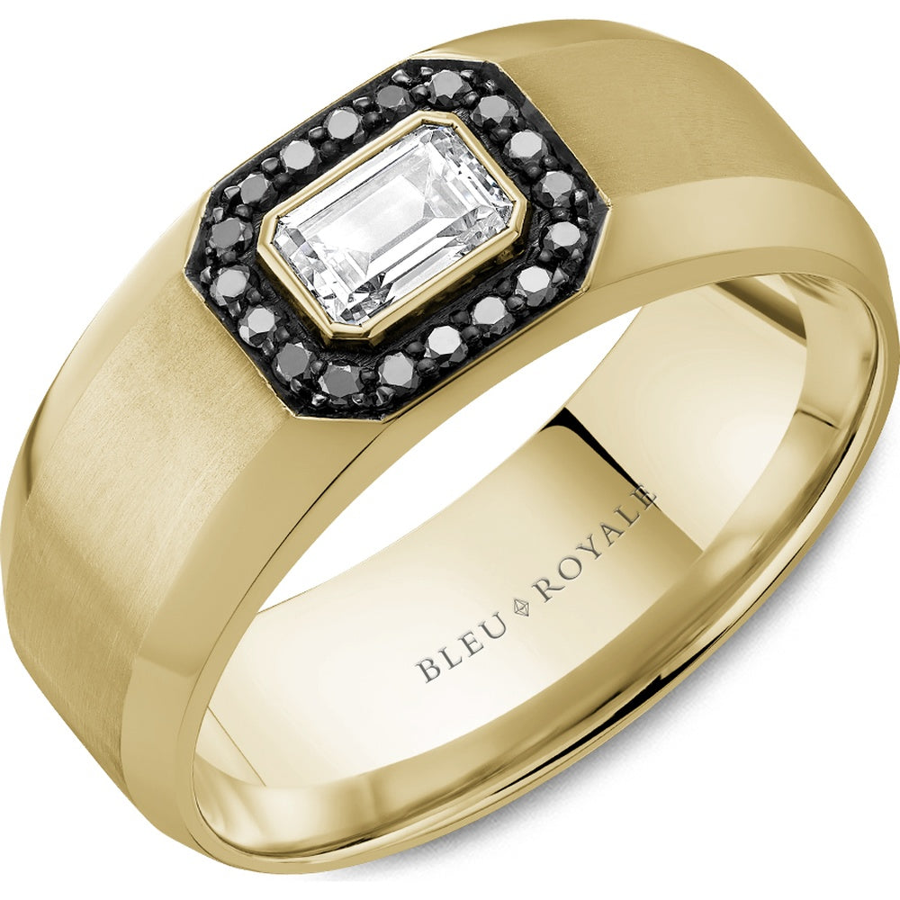 Bleu Royale Men's Wedding Band - 14K Yellow Gold with 0.5 Carat Emerald Cut Diamond and 0.13 Carat Black Diamond Halo - 8mm Width from the Diamond Collection